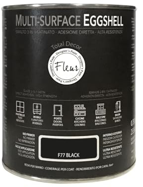 FLEUR DESIGNER'S PAINT | MULTI-SURFACE EGGSHELL Smalto Lavabile 3 in 1, Satinato, 750 ml, F77 Black, a Base Acqua, Adesione Diretta, Alta Resistenza, per Interno - Esterno, Made in Italy