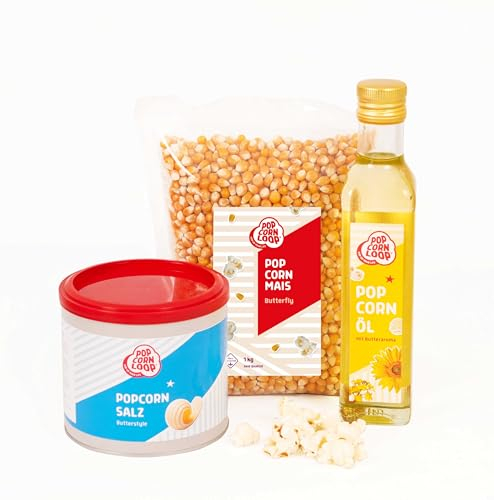 Popcornloop Zutaten Set Popcorn Puffmais Butterfly Mais 1kg, Popcornsalz mit Butteraroma 300g, Popcornöl 250ml mit Butteraroma,für Popcorn Zuhause Partyset Popcornset für Popcornmaschine