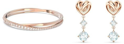 Swarovski Twist Bracciale Rigido, Placcato in Tonalità Oro Rosa Lucido con Delicati Cristalli, Bianco & Orecchini pendenti Lifelong Heart, Cuore, Bianchi, Placcato color oro rosa