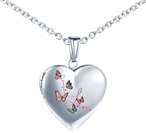 INFINIONLY Damen Mädchen Herz Medaillons Halskette Mode Edelstahl Ketten mit Bunter Schmetterling Souvenir Anhänger Personalisierte Foto Kette, Silber