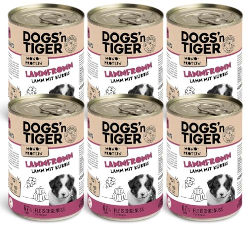 Dogs'n Tiger Lammfromm Nassfutter Hund, Lamm & Kürbis, 6X 400g | Hundefutter nass, Junior, Welpen, hoher Fleischanteil, getreidefrei, ohne Zuckerzusatz, ohne Konservierungsstoffe