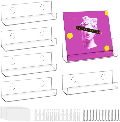 QWORK® 6X Soporte Vinilos de Acrílico Transparente, Estanteria Pared para Discos de Vinilo, Fotos, Libros, Obras de Arte, Maquillaje (10 x 3,5 x 3 cm)
