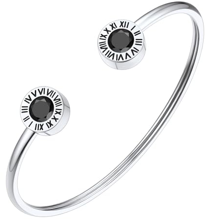 FindChic Römische Zahlen Ziffern Armreif Damen Herren Armband Edlestahl Offen Armband mit schwarz stein Kristall Armkette Charm Armschmuck, Silber
