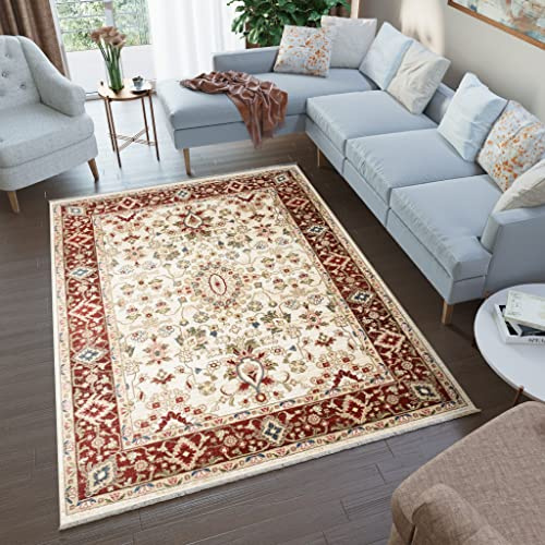 TAPISO Rivoli Teppich Kurzflor Traditioneller Teppich Fransen Rot Beige Creme Blumen Ornament Wohnzimmer Schlafzimmer Modern Design ÖKOTEX 80 x 150 cm