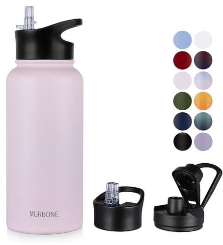 MURBONE Edelstahl Trinkflasche 1L, (+2 Deckel)-mit Strohhalm,BPA frei,Thermosflasche Auslaufsicher,Kohlensäure Geeignet,Thermoskanne Vakuum Doppelwandisolierung für Sport, Reisen, Camping