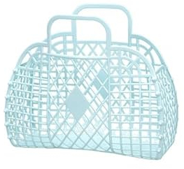 ViLLeX Kunststoff-Gemüsekorb Einkaufskorb, Mit Griff, Gelee-Kunststoff-Mesh-Tasche, Retro-Mädchen-Strandkorb-Einkaufstasche, Für Frauen, Toller Urlaub, Einkaufen, Reisen (Blau)