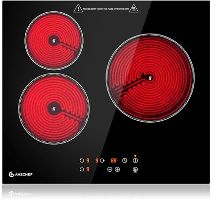 AMZCHEF Plaque Vitrocéramique 3 Feux, 60CM Plaque Cuisson Vitrocéramique électrique avec 9 niveaux de puissance, fonction minuterie, verrouillage de sécurité, protection contre la surchauffe, 5500W