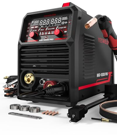 YESWELDER 185A MIG Welder, Flux Core MIG/Gas MIG/Spool Gun MIG/Lift TIG/Stick 5 in 1 Multi-process Aluminum Welding Machine, LED Digital Display Synergic Control 110V/220V Dual Voltage MIG-185DS PRO
