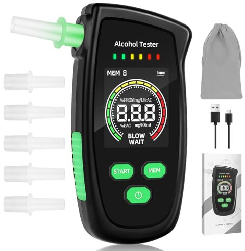 Etilometro Elettronico Portatile Certificato Etilometro di Alta Precisione con 5 boccagli, Etilometro Altamente Preciso con Schermo LCD Digitale per Test Personali a Casa