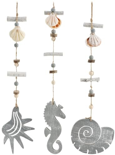 com-four® 3X Anhänger maritim - Dekoration zum Aufhängen aus Holz mit Muscheln - nautische Hängedeko mit Holzperlen für Tür, Fenster und Wand [Auswahl variiert] (3 Stück - 44-49cm)