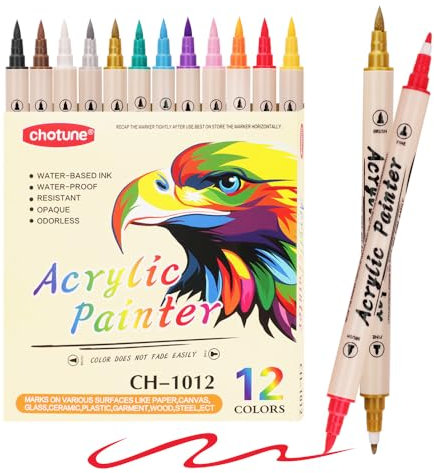 CHOTUNE 12 Farben Acrylstifte für Steine wasserfest mit Doppelspitze (Feine Spitze und Pinsel) Acrylfarben stifte verschiedene Oberflächen Für Kunststoff Glas Holz Keramik Metall Reifen Leinwand