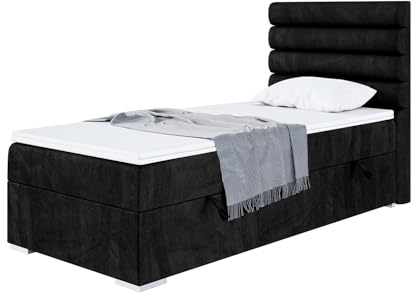 MEBLINI Boxspringbett mit Bettkasten - Gepolstert Einzelbett mit Matratze und Topper - Polsterbett mit Stauraum - Bett mit Kopfteil - Stauraumbett - Karim - 90x200 Rechts - H3/Schwarz Samt