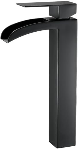 Ankoory Waterfall Bathroom Basin Mixer Tap, Tall Tap for Counter Top Basin, Monobloc Washroom Faucet with 18 cm Spout, Modern High Rise Basin Mixer with Flexible Tails, Stainless Steel, Matte Black
