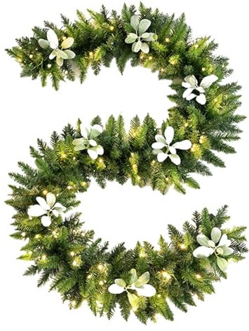 Guirnalda de Navidad con luces, guirnalda artificial para árbol de Navidad, 275 cm, decoración para exteriores, guirnalda para chimenea, escalera, chimenea, decoración navideña