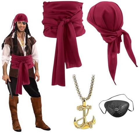 4 Stück Piraten Accessoires Set, Piraten Stirnband Taillengürtel, Augenklappe Pirat, Anker-Anhänger, Mittelalter Piratenkostüm Zubehör Set für Karneval Halloween-Piratenparty Frauen Männer