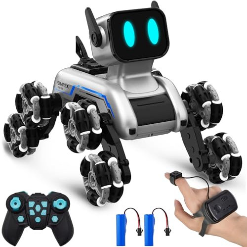 SIMREX Roboter Hund RC Stunt Auto Spielzeug - interaktive Fernbedienung Auto mit Gestentensteuerung & Mecanum Räder, LED-Augen, 3 Soundeffekte, Geburtstagsgeschenk für Kinder Jungen Mädchen Alter 6+