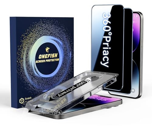 OneFish for iPhone 15 Pro Max Privacy Screen Protector, 4-Way 360° Anti-Spy Tempered Glass, 9H Hardness, HD Clear Anti-Fingerprint 3D Curved Edges, Case-Friendly & Easy Installation [2 Pack]