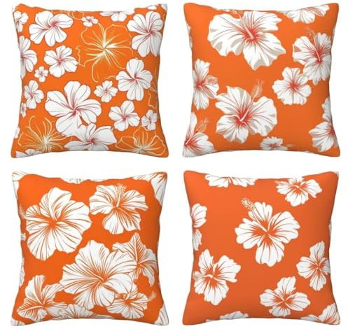 Kissenbezug 35x35 4er Set Leinen Kissenbezüge Orange Dekorative Sofakissen Zierkissen Weiße Blume Couchkissen Outdoor Kissen Zierkissenbezüge Deko Kissen für Sofa Schlafzimmer Wohnzimmer Balkon -LI84