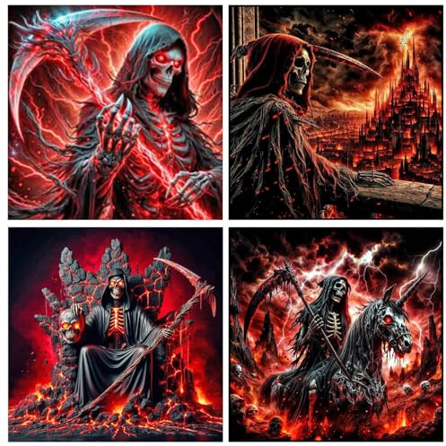 GLIDIAM 4er Set Diamond Painting Totenkopf Skull, Diamant Malerei Bilder Gothic Horror Rot, 30x30cm DIY Full Drill Basteln Erwachsene, Mosaik Stickerei Kreuzstich Geschenk für Wanddeko Wohnzimmer