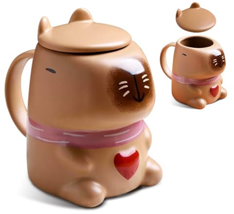 RANJIMA Capybara Tasse, 400ml Süß Capybara Becher mit Deckel 3D Wasserschwein Kaffeebecher Keramik Kaffeetasse, Lustige Tier Mug Geschenke für Mädchen und Jungen zu Geburtstag & Weihnachten