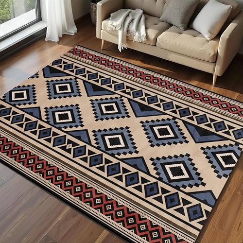 Vintage-Wohnzimmerteppich, 160x230cm Südwestliches Stammesmuster für Schlafzimmer, Weiche, Kurzflorige, Rutschfeste, Waschbare Bodenmatte, Beige-Blau-Roter Dekorativer Teppich für Die Inneneinrichtung