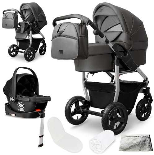Bergsteiger Capri Kombikinderwagen 4-in-1 – Babywanne, Sportsitz, i-Size Babyschale & Isofix-Station, Luftreifen, höhenverstellbar, faltbar, Zubehör