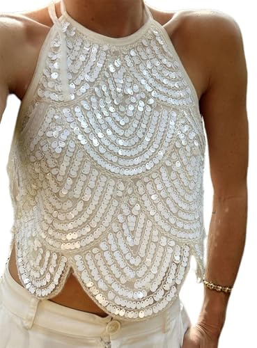 FeMereina Damen-Tanktop mit Pailletten, Neckholder, ärmellos, Perlen, Strass, glitzernd, Y2K, glänzend, glitzernd, rückenfrei, Party-Oberteil