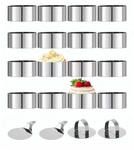 huoflame 16 Stück Dessertringe und Speiseringe Set - Runde & Herzform Edelstahl Kuchenringe - Mousse-Ringe mit Heber & Stampfer - Backringe für Torte, Dessert, Reiskugel, DIY Backen