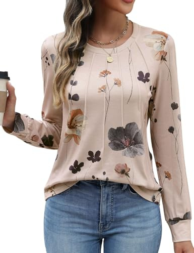 heekpek T-Shirt Damen Langarm Blumendruck Langarmshirt Rundhals Tunika Basic Tshirt Tops Damen Elegant Casual Oberteile