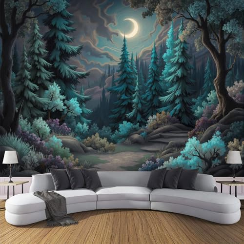 Fototapete Mondscheinwald Nachtpfad Tapete 150x105cm, Art Fototapete Tapete Fantasy-Stil Tapeten Moderne Wandtapete Wohnzimmer Schlafzimmer Study Wohnzimmer Dekoration