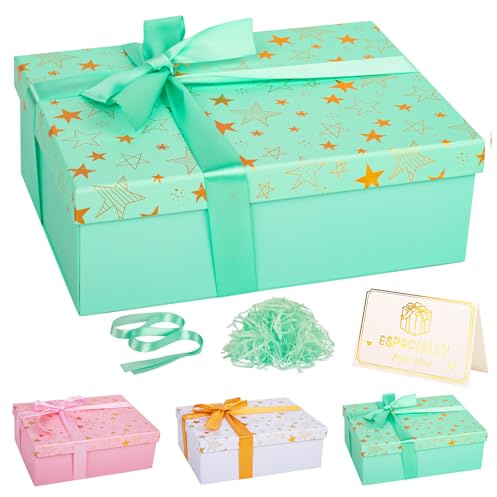 Sternen-Geschenkbox in Mintgrün mit Deckel, 25 x 18 x 9 cm, mittel/groß, luxuriös, leere Geschenkbox aus Karton für Geburtstag, Weihnachten, Valentinstag, Mädchen, mit Schleife
