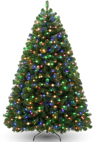 Pre Lit Christmas Tree 6ft, Artificial Xmas Tree with 250 Multi Colour LED Lights, 8 Light Modes, Bushy 1000 Branch Tips, Foldable Metal Stand, for Home Office Party Holiday Decoration