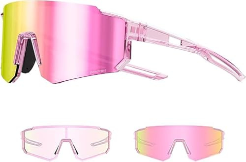 Generisch Rosa Selbsttönend Fahrradbrille, Photochromatische UV400, Fahrradbrille Herren, Schnelle Brille Damen, Sportsonnenbrille Radsport Radfahren für Radfahren Laufen Baseball Mtb