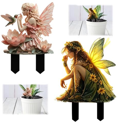 LMJOPYQ 2Stück Elfen Figuren, Garten Deko Draußen Figuren, Feen Garten für Außenbereich, Zwei Gartenelfen in Rosa und Grün, Dekorative Feenfiguren für Gärten, 2D