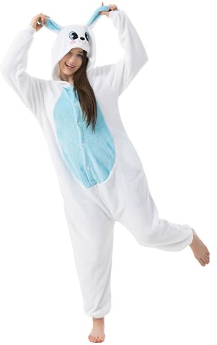 Katara 1744 -Hase blau/weiß Kostüm-Anzug Onesie/Jumpsuit Einteiler Body für Erwachsene Damen Herren als Pyjama oder Schlafanzug Unisex - viele Verschiedene Tiere