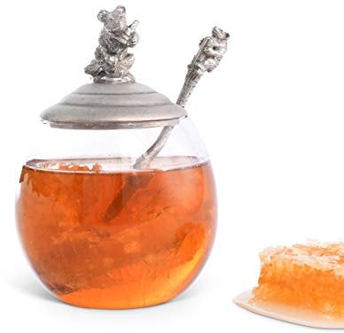 Vagabond House Pewter Little Bear Glass Honey Pot Sugar Bowl Jam Jelly Jar 5 inch Tall 12 oz