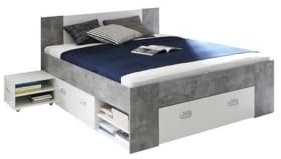 Forte BOB Bett mit 3 Schubladen, Holzwerkstoff, Betonoptik Lichtgrau mit Weiß matt, Liegefläche 140 x 200, B x H x T: 203,6 x 86 x 143,4 cm