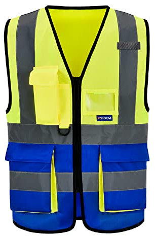 A-SAFETY Warnweste mit hoher Sichtbarkeit, reflektierend, 3M-Arbeitsweste mit mehreren Taschen, Arbeitsuniform, Reißverschluss vorne, ANSI/ISEA-Standards, 7 Taschen, Gelb und Blau gemischt, M