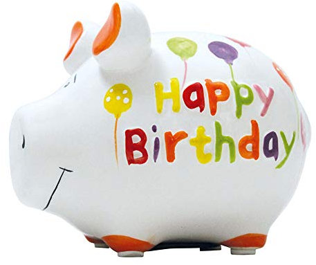 Premium Weddings Sparschwein Happy Birthday ca. 12,5 x 9 cm handgefertigt aus Keramik - Sparbüchse Spardose lustiges Sparschwein