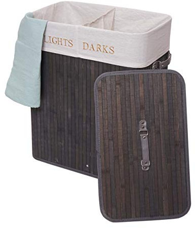 Wäschekorb HWC-C21, Laundry Wäschebox Wäschesammler Wäschebehälter, Bambus 2 Fächer 63x55x34cm 100l - dunkelgrau