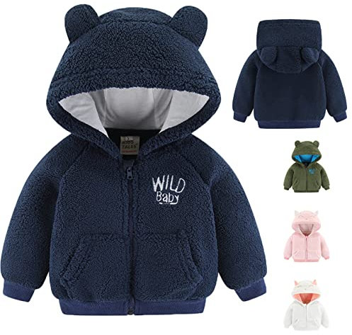 Newborn Baby Boys Girls Cartoon Fleece Hooded Jacket with Ears Warm Outwear Zip Up Coat, blu, 0-3 Mesi