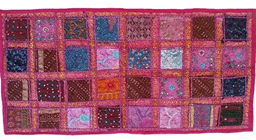 KNOBSWORLD Tischläufer, handbestickt, indischer Vintage-Sari-Baumwolle, Patchwork, Bohemian, bunt, indische Dekoration, Wandbehang, 50,8 x 101,6 cm, Rosa