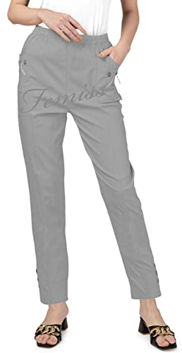 femiss Womens Trousers Elasticated High Waist Relax Fit Ladies Full Length Casual Everyday Soft Stretchy Lightweight Pants (Grey-T3)