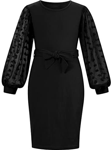Black Dress for Girls 11-12 Jacquard Mesh Panel Long Sleeve Belted Fitted Party Dresses Cotton Black Casual Dress