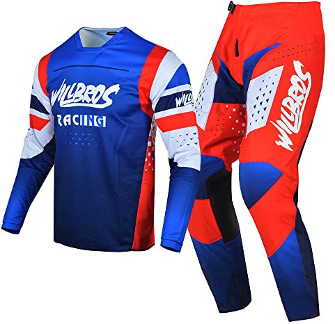 Willbros MX Ausrüstungsset Motocross Jersey Hose Combo Herren Dreckiges Fahrrad Frauen Offroad Reiten Erwachsene Rot Blau (Jersey XL Pants 36)