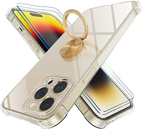 STARRYNOVA Kickstand Case Compatible with iPhone 14 Pro Max, Crystal Clear Protective Soft TPU Shockproof Case with 360 Degree Magnetic Ring Cover - Gold Ring