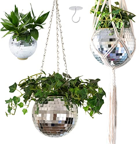Discokugel-Pflanzgefäß, hängende Pflanzendekoration, 15.2 cm Spiegel-Discokugeln, lustiger Pflanzgefäß, Makramee-Kette und Seilaufhänger mit Haken, 70er Jahre Funky Heimdekoration