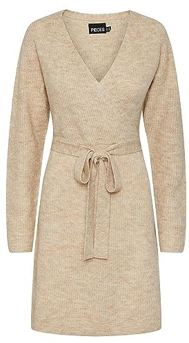 PIECES Damen Pcellen Ls Wrap Knit Dress Noos Bc, White Pepper, M