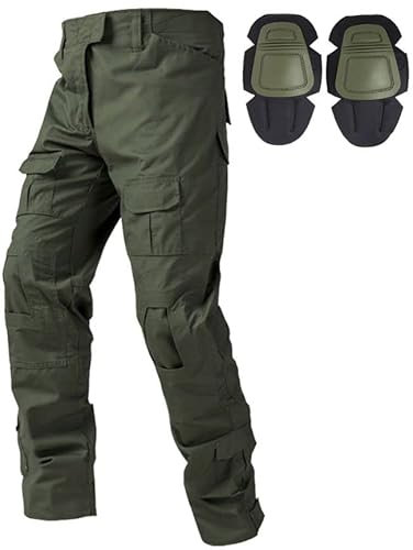 Czen Militär Hose, Taktische Hose für Herren, Airsoft BDU Paintball Schießen Hosen Combat Männer Hose G3 Camouflage Hose mit Knie Pads, Grün, XL