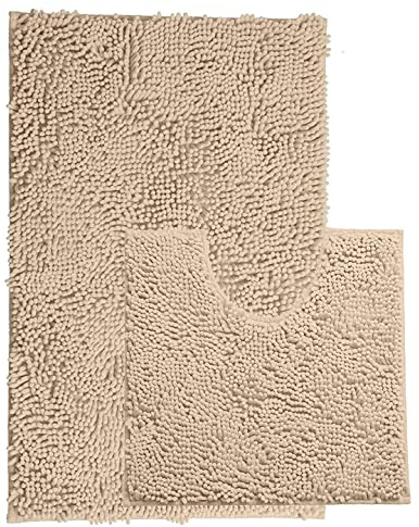 Non Slip Loop Bath Mat Set Cream (2 Piece) Memory Foam Rug Indoor Water Door Mats | Plush Microfiber Toilet Mat Thick Rubber Luxury Chenille Bathroom Kitchen Accessory - Washable Shower Carpet